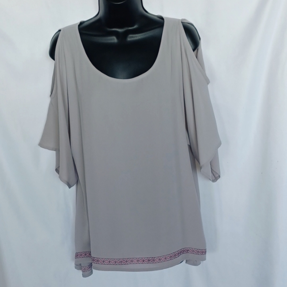 Cowgirl Up cold shoulder Gray Tunic With Pink Embroidered Trim